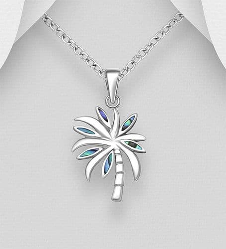 925 Sterling Silver Coconut Tree Pendant & Chain, Decorated with Abalone Shell