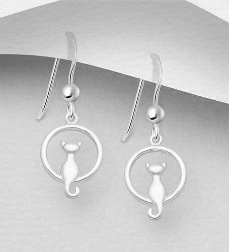 925 Sterling Silver Cute Cat sits atop a circle hook Hook/Drop Earrings