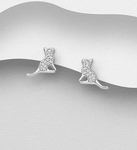 925 Sterling Silver Cute Cat Stud Earrings, Encrusted with CZ Simulated Diamonds