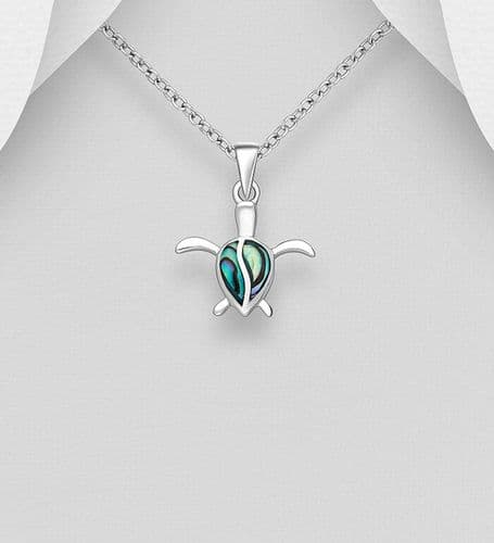 925 Sterling Silver Cute Turtle Pendant & Chain, Decorated with Shell