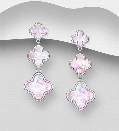 925 Sterling Silver Designer Clover Push Back/Drop Earrings, Decorated with Pink Shell