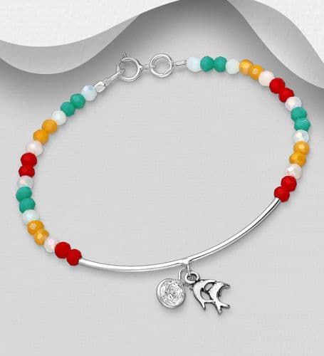 925 Sterling Silver Dolphin and Circle Charm Bracelet, Decorated with Colorful Crystal Glass and CZ