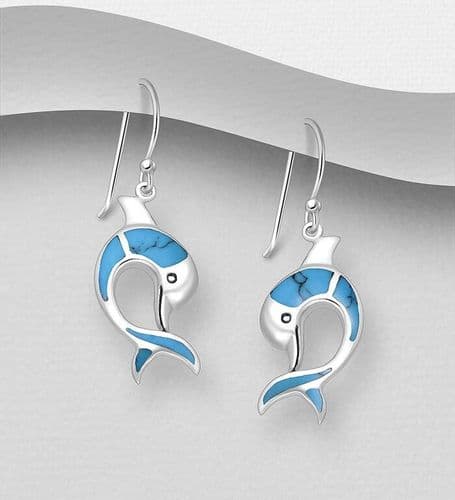 925 Sterling Silver Dolphin Hook Earrings, Decorated with Resin