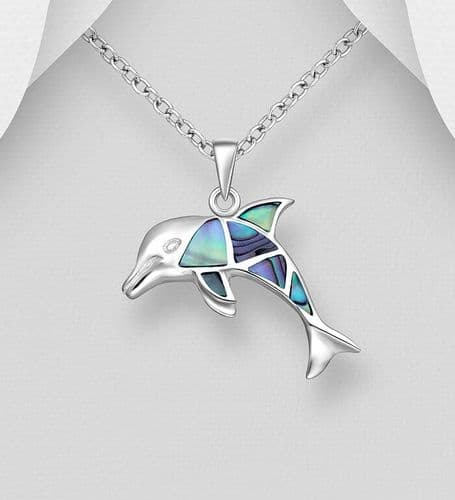 925 Sterling Silver Dolphin Pendant/Necklace, Decorated with Aberlone Shell