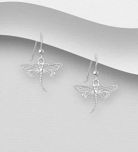 925 Sterling Silver Dragonfly Hook/Drop Earrings Featuring Stunning Open Work Wings