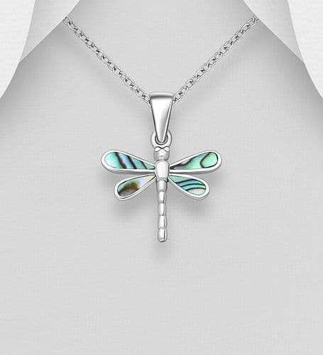 925 Sterling Silver Dragonfly Pendant & Chain with Aberlone Shell Decoration