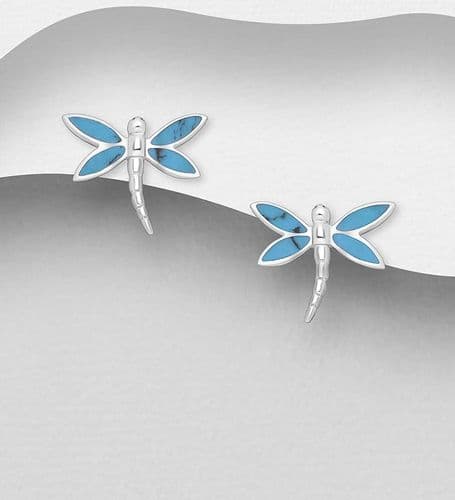 925 Sterling Silver Dragonfly Push-Back/Stud Earrings, Decorated with Blue Resin