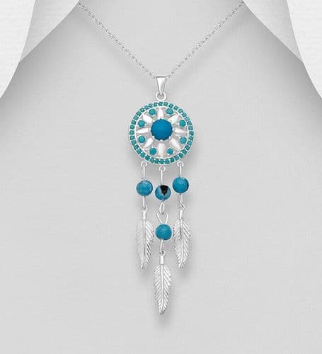 925 Sterling Silver Dream Catcher Pendant & Chain, Decorated with Blue Resin Resin