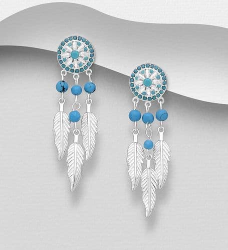 925 Sterling Silver Dream Catcher Push-Back Earrings, Decorated with Sky Blue Resin
