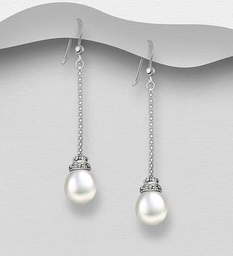 925 Sterling Silver Drop Earrings adorned with 10mm Cultured Freshwater Pearls and CZ Stones