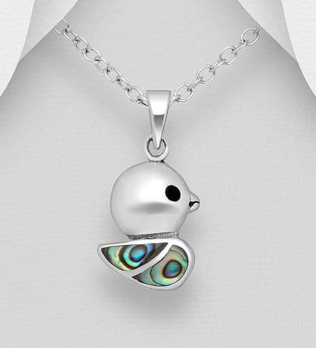 925 Sterling Silver Duck Pendant & Chain, Decorated with Abalone Shell