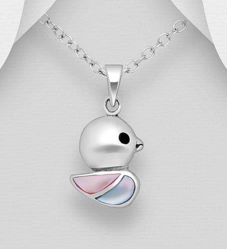 925 Sterling Silver Duck Pendant & Chain, Decorated with Mother of Pearl Shell and Colored Enamel