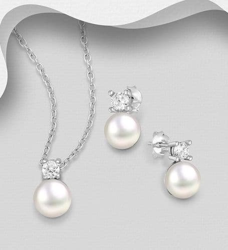 925 Sterling Silver Earrings/Pendant & Chain Set, Decorated with Freshwater Pearls /Solitaire CZ's