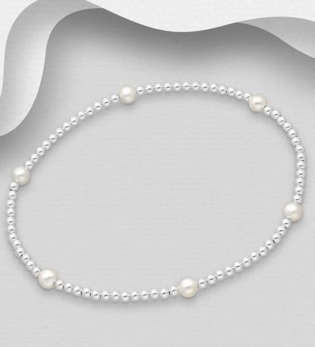 925 Sterling Silver Elastic Bracelet, Beaded With 4mm Cultured Fresh Water Pearls