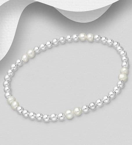 925 Sterling Silver Elastic Bracelet, Beaded With 5-6mm Cultured Fresh Water Pearls
