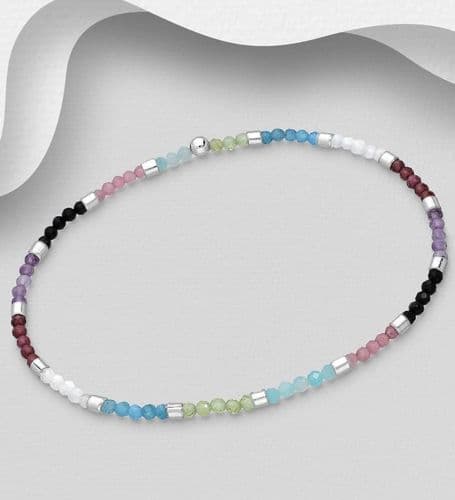 925 Sterling Silver Elastic Bracelet, Beaded with Amazonite, Amethyst, Black Agate, Blue Apatite