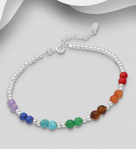 925 Sterling Silver Elastic Bracelet, Beaded with Various 2mm Gem Stones