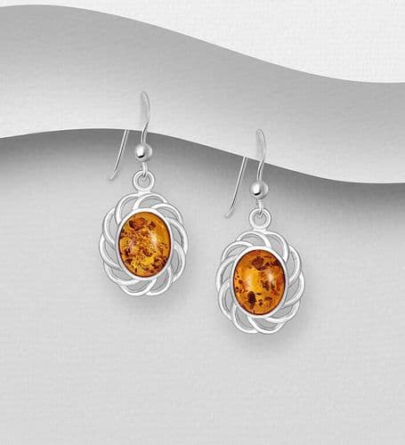 925 Sterling Silver Elegant Hook/Drop Earrings, Decorated with Baltic Amber