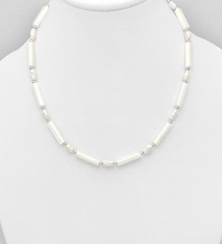 925 Sterling Silver Elegant Necklace, Beaded with Mother of Pearl Shell and Freshwater Pearls - 18"
