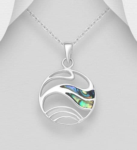 925 Sterling Silver Elegant Wave Pendant & Chain Adorned with Abalone Shell