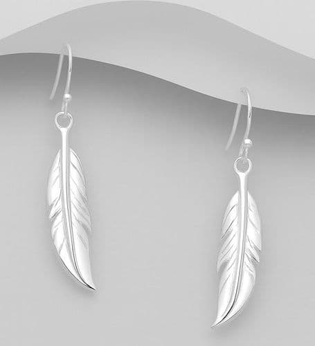 925 Sterling Silver Feather Drop/Drop Earrings. The Finely Etched Feather Design