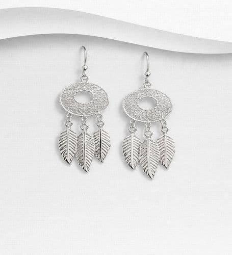 925 Sterling Silver Feather Drop Earrings, With Exquisite Hand Crafted Silver Lace Work