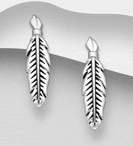925 Sterling Silver Feather Push-Back/Stud Earrings, Decorated with Coloured Enamel