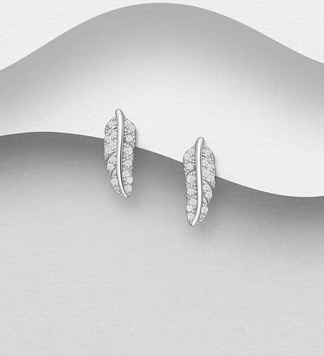 925 Sterling Silver Feather Stud Earrings, Set with CZ Simulated Diamonds -Guaranteed to add spark