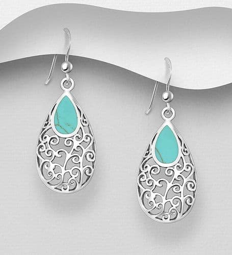 925 Sterling Silver Filigree Hook/Drop Earrings, Decorated with Sky Blue Turquoise