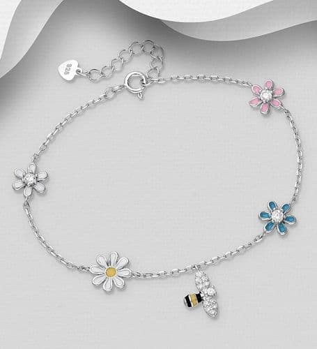 925 Sterling Silver Flower and Bee Bracelet, Decorated with Coloured Enamel and CZ Simulated Diamond