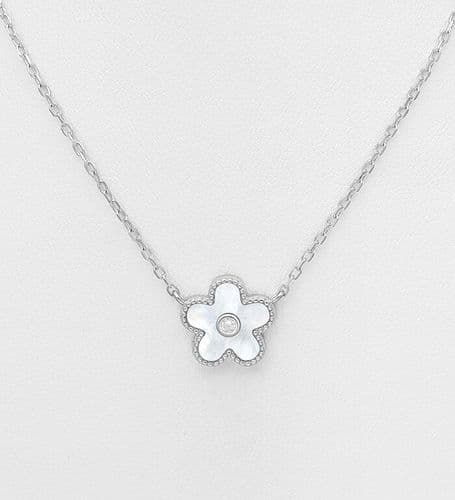 925 Sterling Silver Flower Necklace, Decorated with other of Pearl Shell and CZ Simulated Diamond
