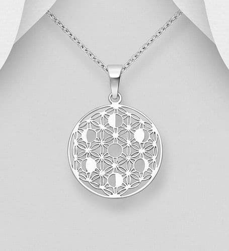 925 Sterling Silver Flower of Life and Lunar Phases Pendant & Chain
