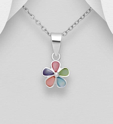 925 Sterling Silver Flower Pendant & Chain, Decorated with Coloured Shell