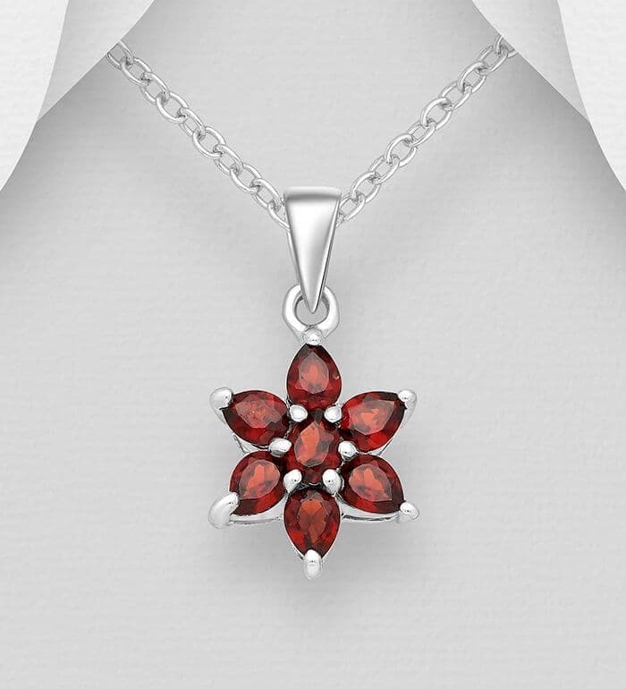 NOVICA Garnet Sterling Silver Pendant Necklace – ‘Candi Flower’ Handcrafted Artisan Jewelry With Leather Cord, 17.5 Inch