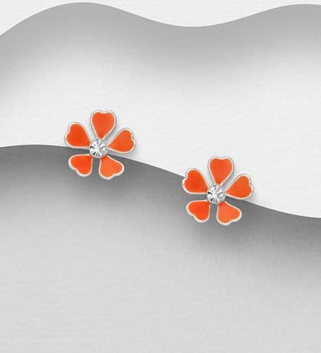 925 Sterling Silver Flower Push-Back Earrings, Decorated with Coloured Enamel and Crystal Glass