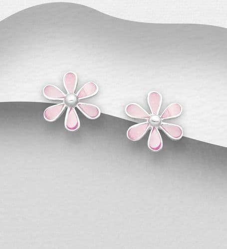 925 Sterling Silver Flower Push-Back/Stud Earrings Decorated with Pink Shell