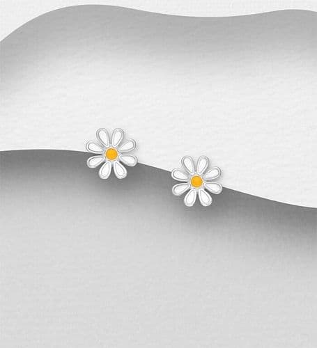 925 Sterling Silver Flower Push-Back/Stud Earrings, Decorated with Yellow & White Coloured Enamel