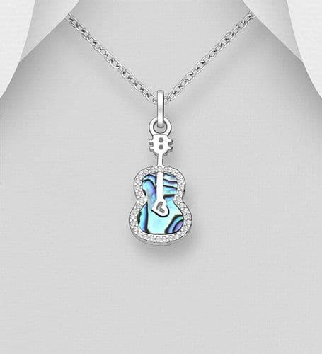 925 Sterling Silver Guitar and Heart Pendant & Chain with Abalone Shell and CZ Simulated Diamonds