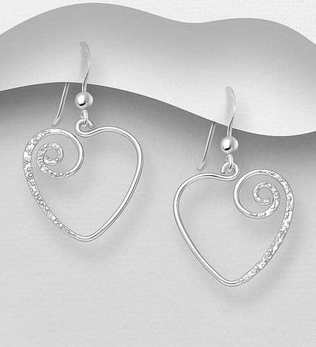 925 Sterling Silver Hand Crafted Heart Coil Hook/Drop Earrings