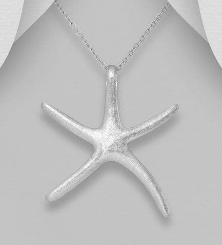 925 Sterling Silver Hand Crafted Large Matte Starfish Pendant & Chain