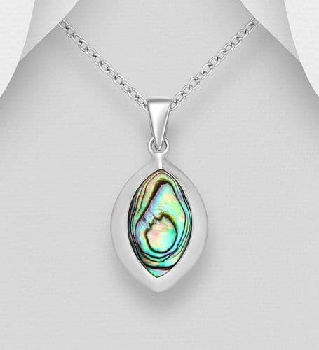 925 Sterling Silver Hand Crafted Marquise Shape Pendant & Chain Decorated With Abalone Shell