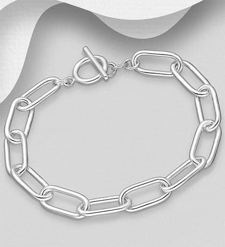 925 Sterling Silver Hand Crafted Oblong Open Link Bracelet With T Bar Clasp