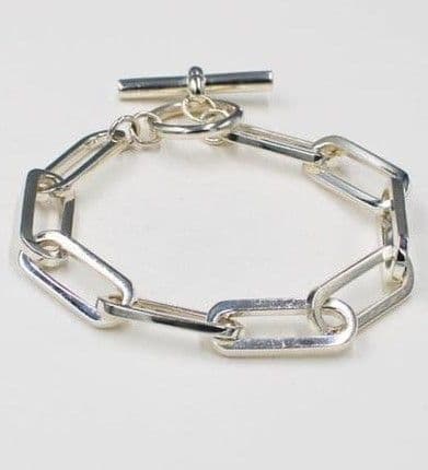 925 Sterling Silver Hand-Crafted Solid Oblong Linked Bracelet With T Bar Clasp