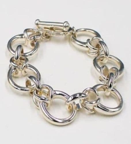 925 Sterling Silver Hand-Crafted Solid Open Designer Inspired Linked Bracelet With T Bar Clasp