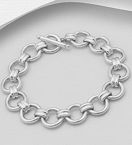 925 Sterling Silver Hand Crafted Solid Round Link Bracelet With T Bar Clasp