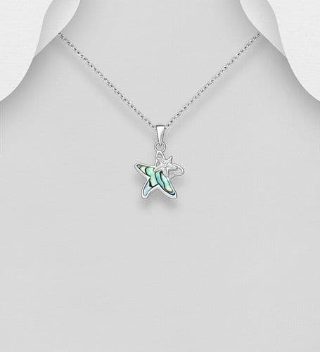 925 Sterling Silver Hand Crafted Starfish Pendant & Chain, Decorated with Abalone Shell