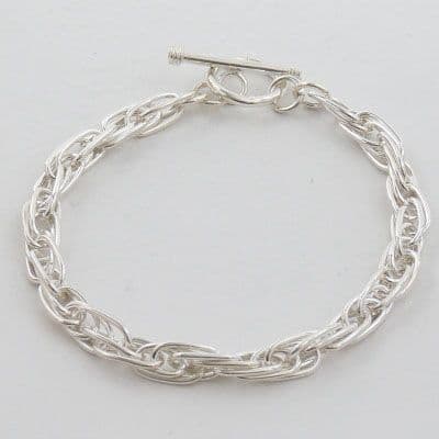 925 Sterling Silver Hand Crafted Twisted Oblong Open Link Bracelet - T Bar clasp