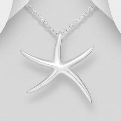 925 Sterling Silver Hand Finished Plain Polished Starfish Pendant & Chain
