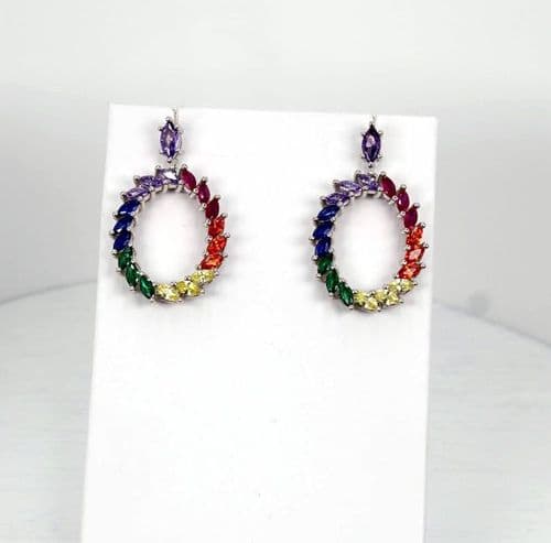 925 Sterling Silver Hand Made Drop Push Back Earrings Decorated With Multi Colour Gem Stones. WOW! W