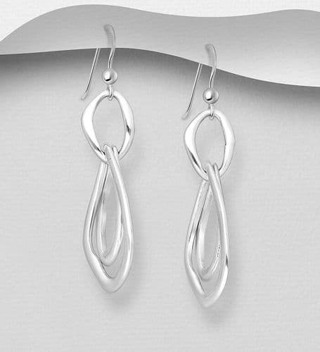 925 Sterling Silver Hand made Solid Double Loop Drop/ Hook Earrings - Exclusive